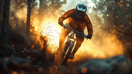 Fototapeta premium A mountain biker rides through a dusty forest trail, kicking up dirt as he maneuvers around rocks.