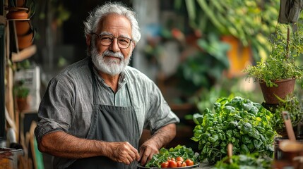 Elderly man preparing fresh vegetables at a vibrant garden market during a sunny afternoon