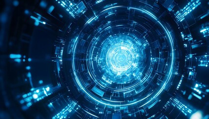 Fototapeta premium Abstract futuristic background with blue glowing circular elements and holographic technological patterns, creating an immersive digital environment for design projects