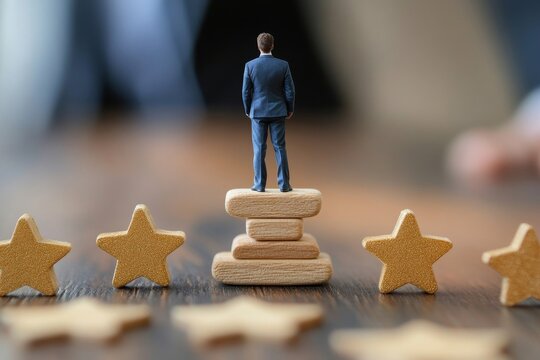 Performance review, annual employee evaluation, appraisal or rating feedback, success five stars employee, excellent feedback opinion concept, businessman balance himself on stars rating, Generative A