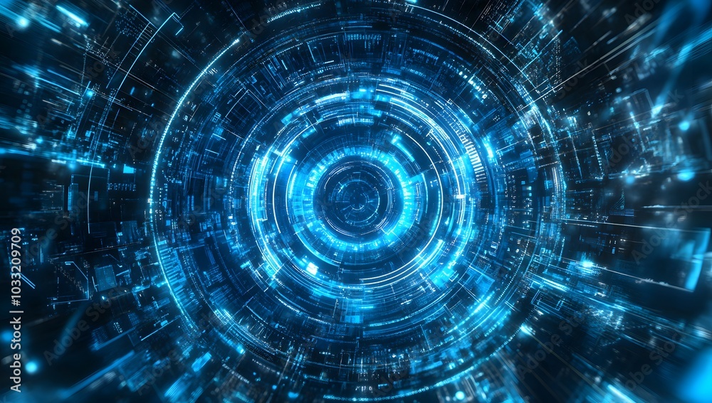 Poster abstract futuristic background with blue glowing circular elements and holographic technological pat
