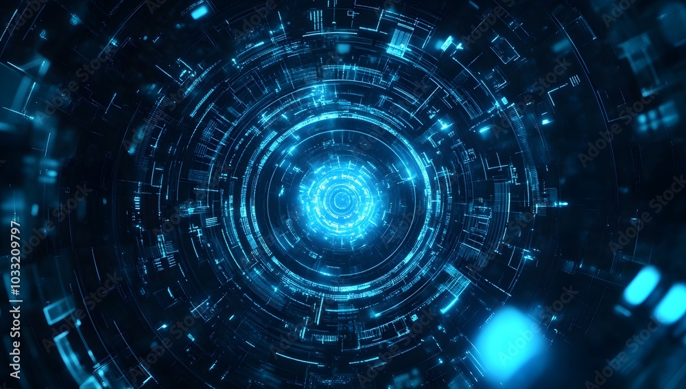 Poster abstract futuristic background with blue glowing circular elements and holographic technological pat