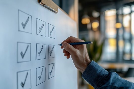 Action plan step by step checklist to progress and finish project, procedure or action steps to develop and complete work concept, businessman present, Generative AI