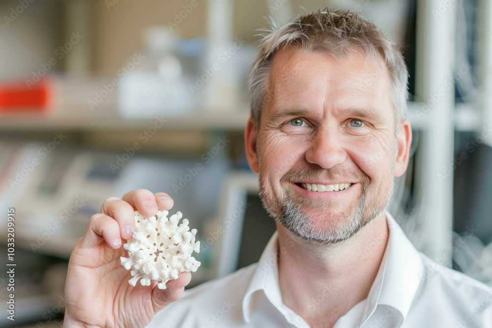 Poster A man smiles while holding a 3D printed model. AI.