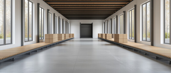 A spacious, modern interior featuring large windows and wooden beams, with minimalistic benches lining the walls.