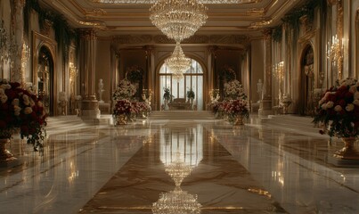Fototapeta premium Grand, opulent, golden ballroom with floral arrangements.