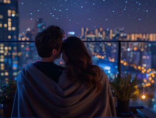 A couple wrapped in a blanket looking at the city lights. AI.