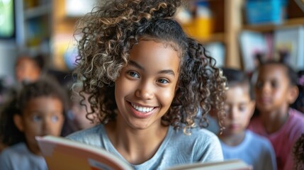 Obraz premium A young girl smiles while reading a book. AI.
