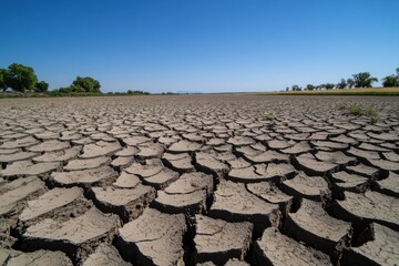 A cracked, dry lakebed under a clear, scorching sky