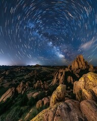 Obraz premium Star trails over a rocky landscape. AI.