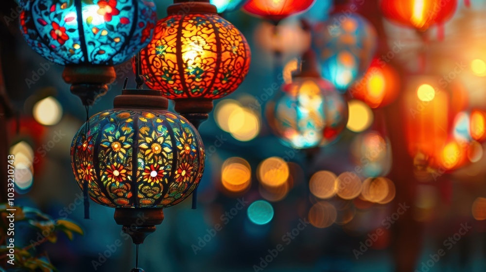 Sticker Colorful lanterns hanging in the evening. AI.