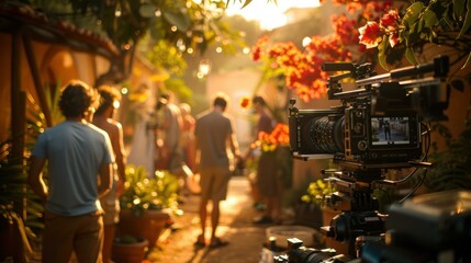 Obraz premium A professional camera captures the scene with blurred figures in the background. AI.