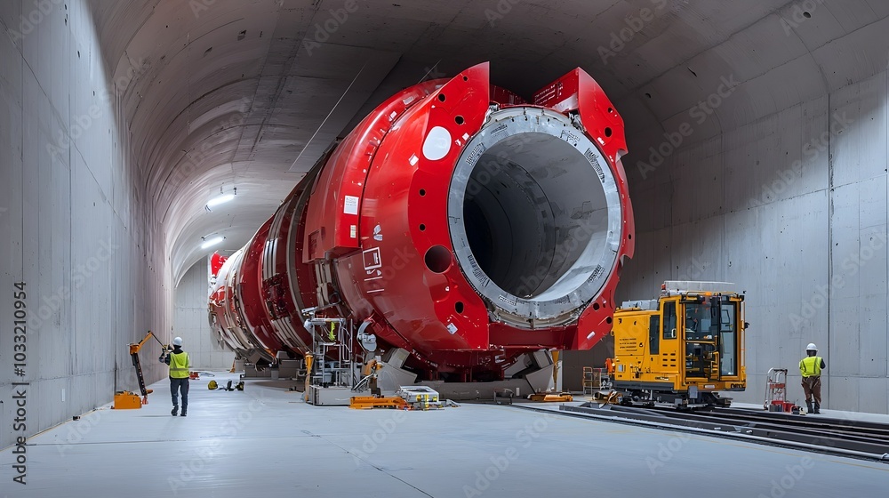 Poster a large powerful tunnel boring machine is positioned at the mouth of a new underground construction 