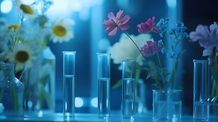 Naklejka premium Close-up of Glass Test Tubes with Flowers in Blurred Background