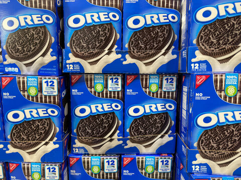 Packs of Oreo cookies inside a Costco warehouse.
