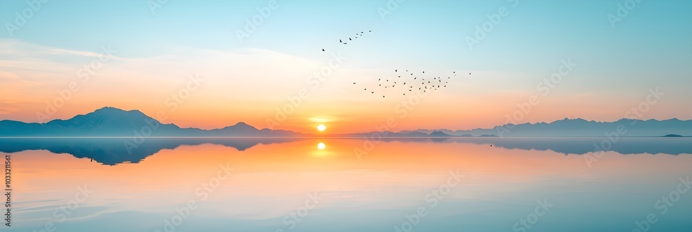 Aufkleber breathtaking scene of a sunset s warm glow reflecting on the calm mirror like surface of a serene la