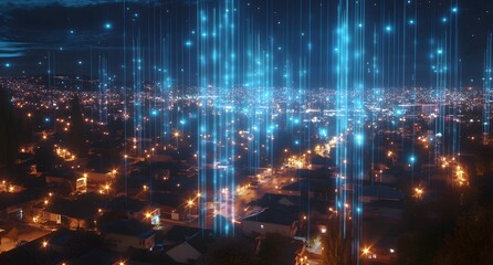 Connected many light lines representing data transfer. The sky is dark blue at night. 