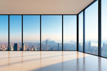 Empty room with large windows and city skyline view