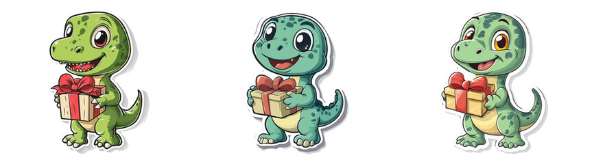 Fototapeta premium Cute Cartoon Dinosaur Characters with Gifts Isolated on Transparent PNG Ideal for Children's Illustrations or Toy Designs