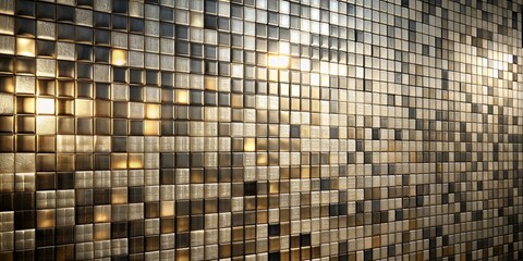 Fototapeta premium A wall adorned with an intricate pattern of squared tiles, each reflecting shimmering light, creating a captivating interplay of textures and tones.