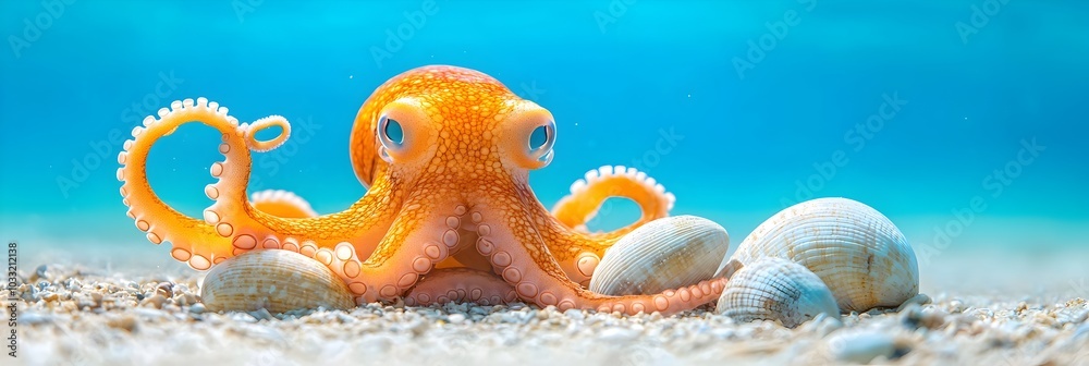 Poster Captivating image showcasing the intricate dance of an octopus s tentacles as they curl and entwine around various seashells resting on the lush mysterious ocean floor