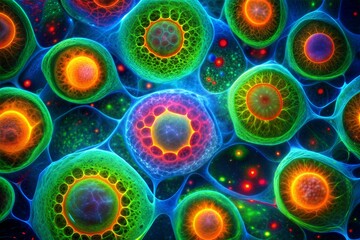 Digital artwork of colorful cells representing microscopic biotechnology
