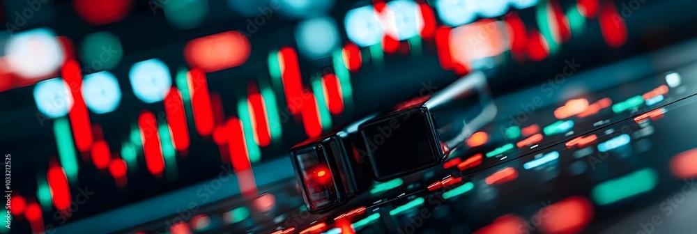 Poster close up view of comprehensive market graphs and financial charts displaying red and green candlesti
