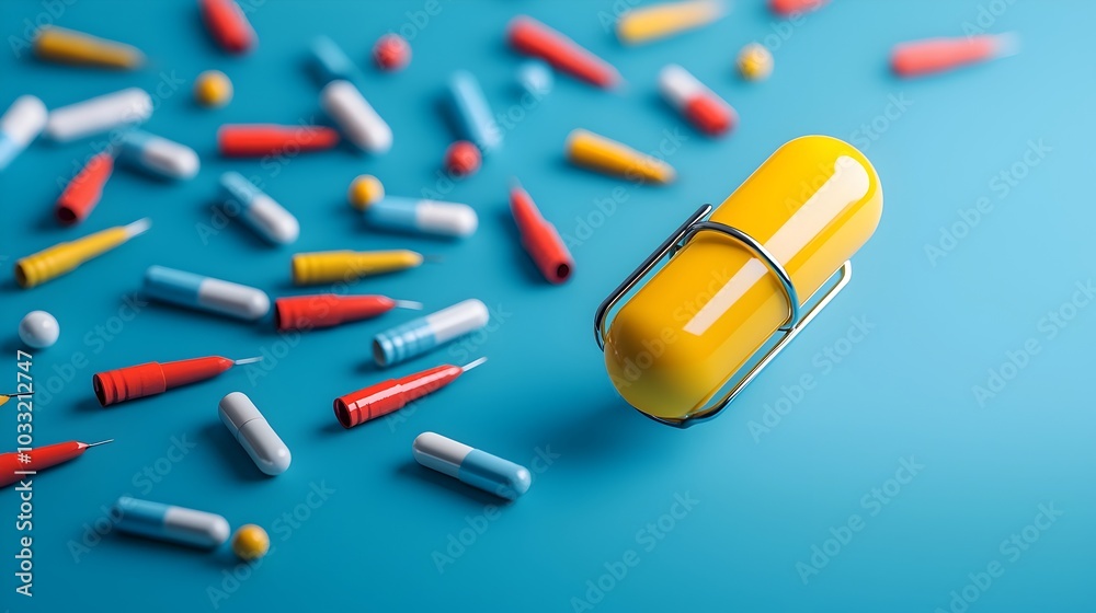Poster Colorful paperclips attracted by a strong magnet creating an abstract composition with various shapes patterns and designs