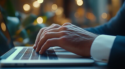 Man typing on laptop with blurred background and warm lighting.