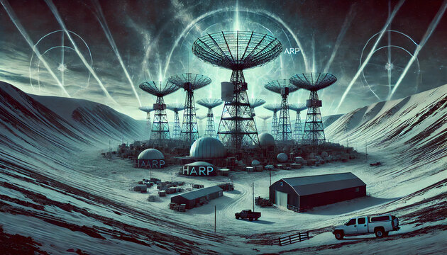 A science-fiction-like depiction of the HAARP facility with tall antennas emitting visible electromagnetic waves in an icy, remote landscape
