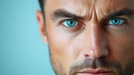 Obraz premium Realistic face of a 46-year-old man displaying apathy with a blank stare and unfocused expression, isolated on a clean, muted background. Represents indifference. High resolution Illustration, in the