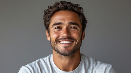 Realistic portrait of a man, aged 25, smiling joyfully, isolated on a clean background. Emphasizes happiness and contentment, capturing the essence of a positive emotion. High resolution