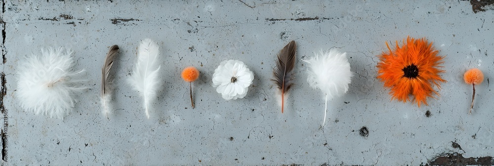Aufkleber Delicate feather textures scattered across the ground showcasing a range of vibrant colors and patterns  This natural organic composition creates a backdrop with a touch of elegance and whimsy