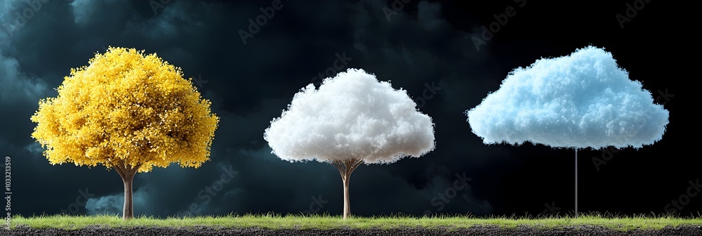 Aufkleber Digital cloud icons and symbols floating in the blue sky representing the concept of cloud computing technology data storage