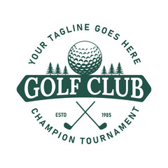 Golf Club Champion Tournament Logo with Golf ball design, two crossed golf clubs and pine tree background Vector illustration
