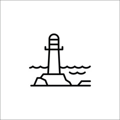 Lighthouse icon. Simple line art of a lighthouse and adjacent building, ideal for marine navigation, coastal, and seaside-themed designs. Vector illustration