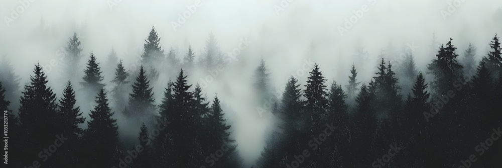 Poster Ethereal and mystical landscape of a dense forest enveloped in a shroud of dense fog creating a dreamlike and moody atmosphere  The trees are obscured by the hazy mist