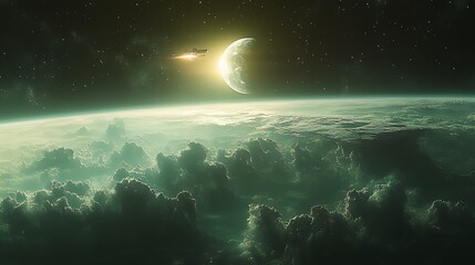 A spaceship flies past a crescent moon and a green planet with a cloudy atmosphere, set against a starry sky.