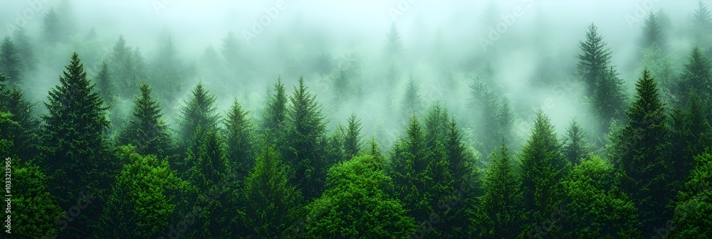 Aufkleber fog rolling over a dense forest creates an enchanting and ethereal atmosphere with a moody mystical 