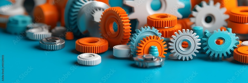 Aufkleber Interlocking abstract gears and cogs in a metallic shiny gray color palette symbolizing the concepts of efficient processes