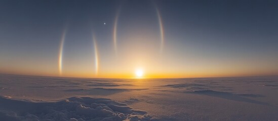 Aerial view of a sunset with three halos around the sun, above a sea of clouds.