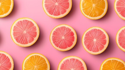 Fototapeta premium Many sliced fresh grapefruits arranged in a geometric pattern, vibrant pink flesh and bright yellow rinds, seamless fruit background, Geometric fruit, Tropical colors