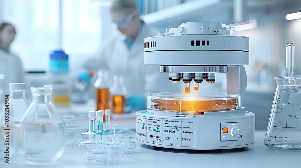 Poster magnetic stirrer spinning in chemistry laboratory representing scientific research and experimentati