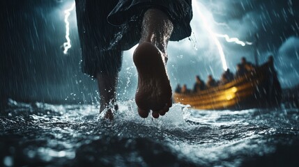 Close up of jesus  feet walking on water amidst a storm with lightning and rain, boat nearby