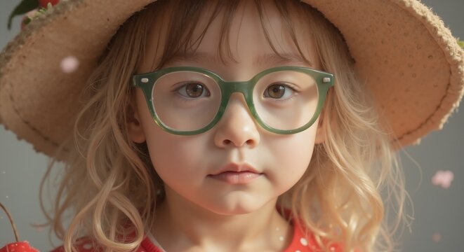 MinJi - Adorable Girl in Straw Hat and Green Glasses, Capturing Quirky and Stylish Childhood Fashion Sense
