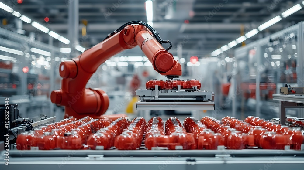 Fototapete magnetically controlled robot arm precisely picking up metal components on an automated industrial a
