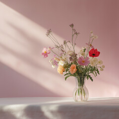Fototapeta premium A bouquet of flowers in a glass vase with a pastel background, minimalistic