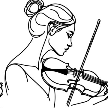 recommend clip art: girl playing the violin, close up, one line vector outline drawing