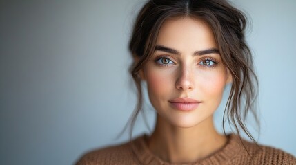 Naklejka premium Portrait of a 37-year-old woman showing empathy with a compassionate look and understanding eyes. Isolated on a clean background, emphasizing sensitivity. Empathetic, Compassionate. High resolution