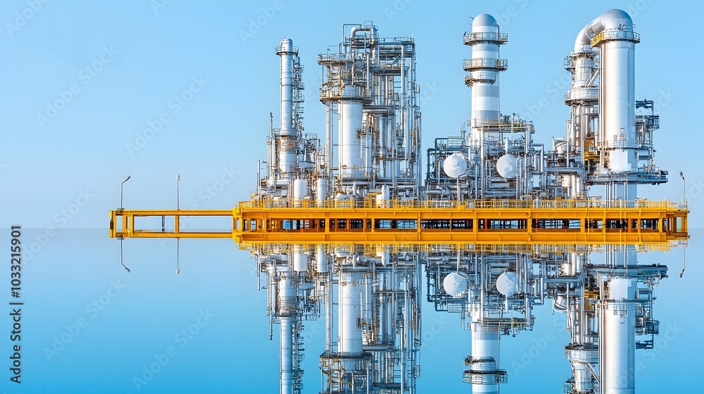 Poster Mesmerizing reflection of towering industrial refinery structures mirrored on the still tranquil surface of a calm body of water creating a serene and ethereal landscape